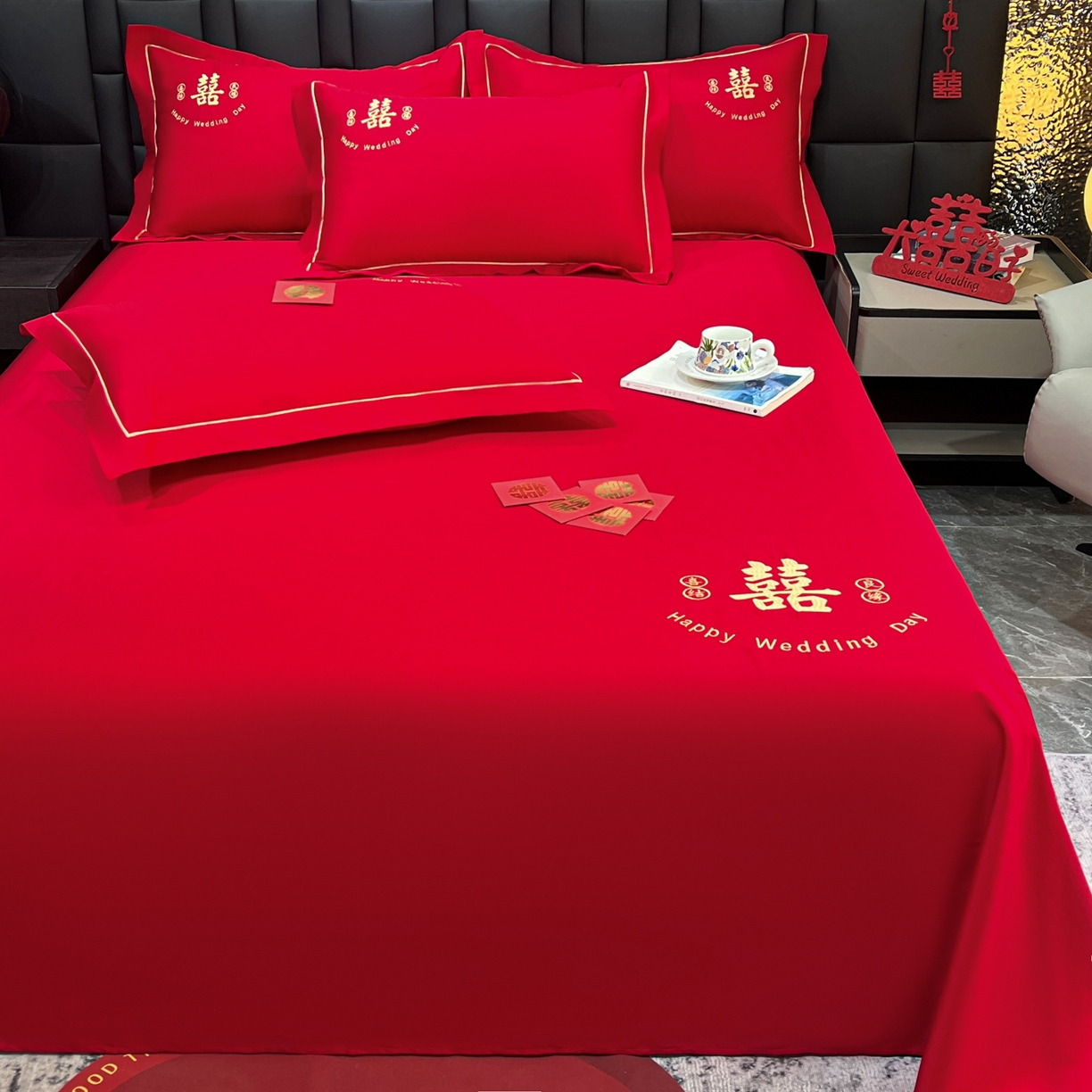 91家纺网 家纺一手货源 找家纺 极梦家纺 2025新款轻奢简约水洗磨毛婚庆系列单品床单大红床单 喜结良缘