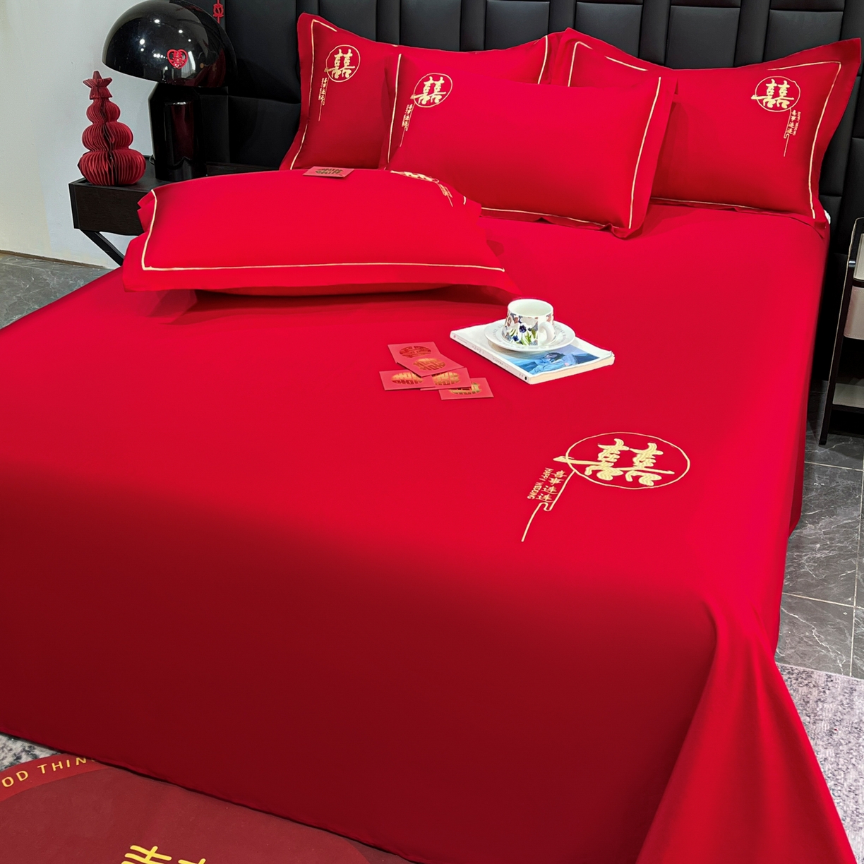 91家纺网 家纺一手货源 找家纺 极梦家纺 2025新款轻奢简约水洗磨毛婚庆系列单品床单大红床单 喜事连连