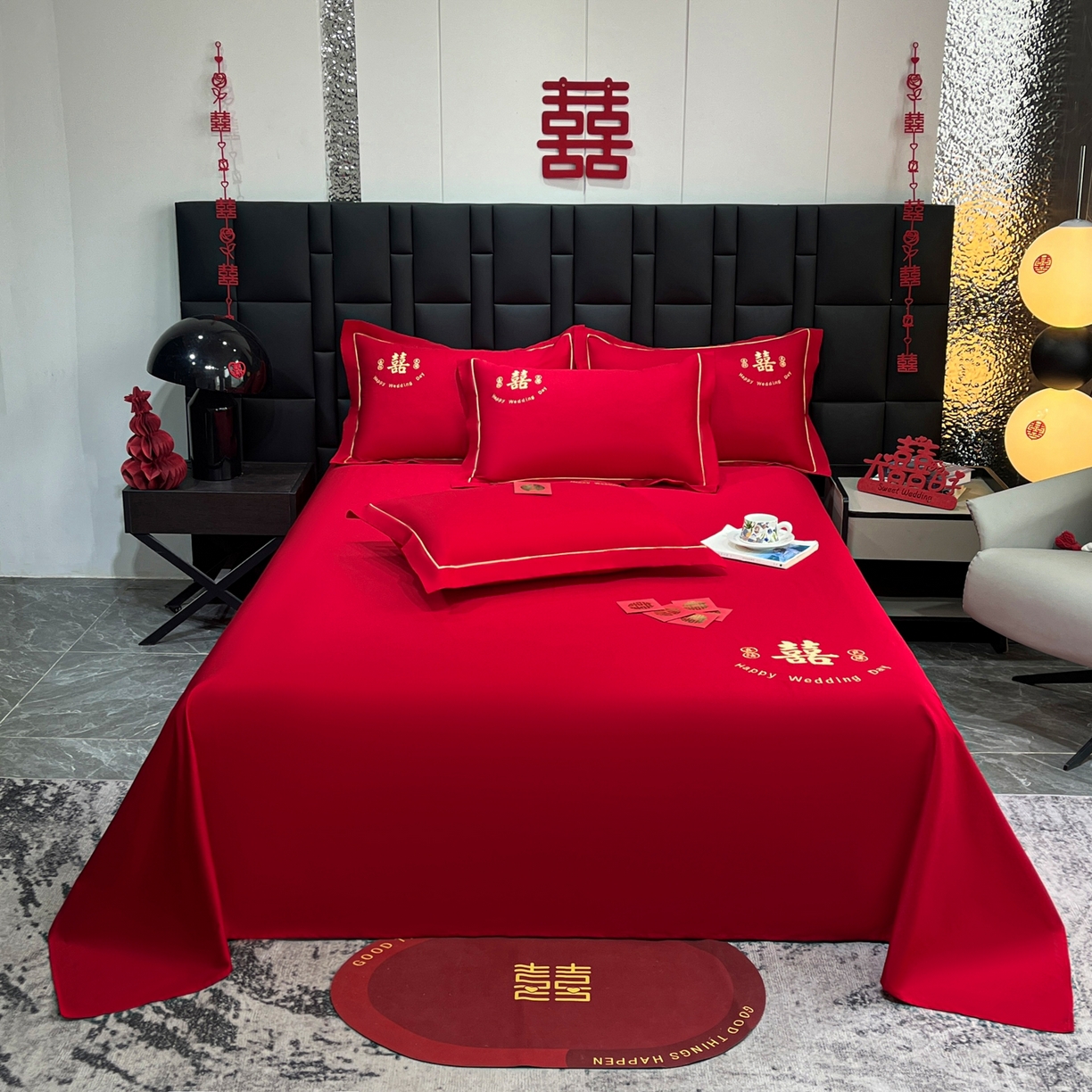 91家纺网 家纺一手货源 找家纺 极梦家纺 2025新款轻奢简约水洗磨毛婚庆系列单品床单大红床单 喜结良缘