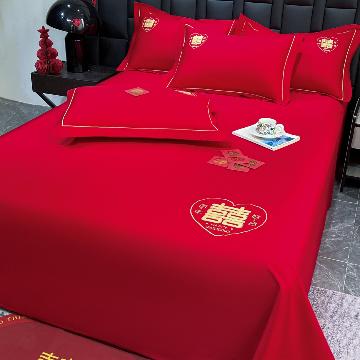 91家纺网 家纺一手货源 找家纺 极梦家纺 2025新款轻奢简约水洗磨毛婚庆系列单品床单大红床单 百年好合