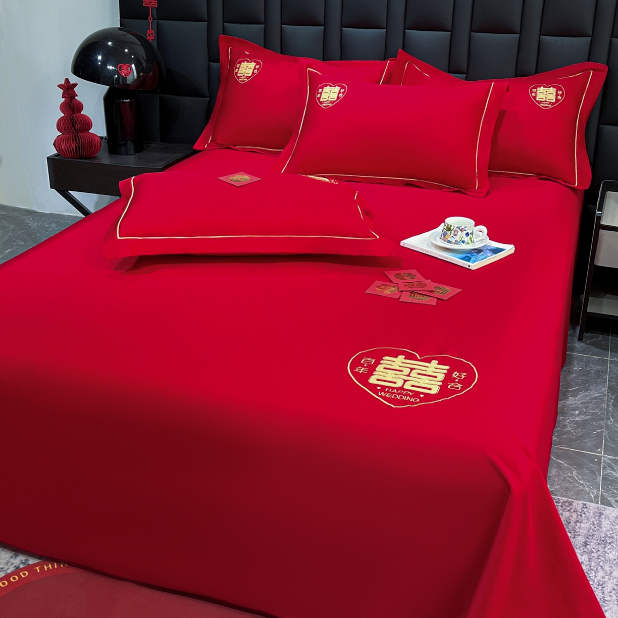 91家纺网 家纺一手货源 找家纺 极梦家纺 2025新款轻奢简约水洗磨毛婚庆系列单品床单大红床单 百年好合