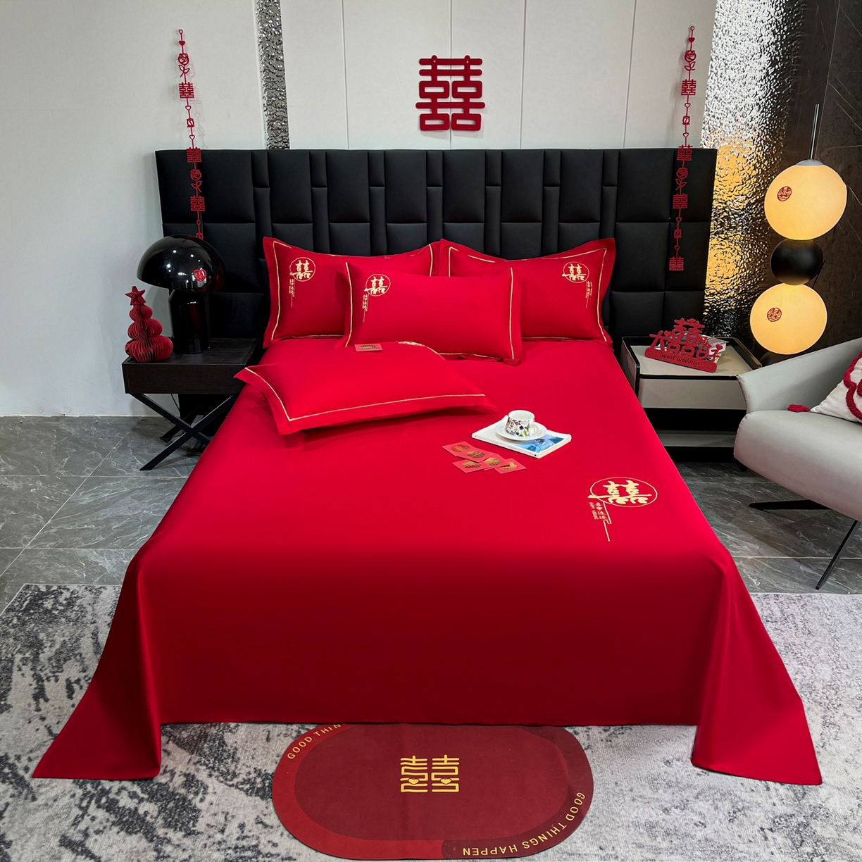 91家纺网 家纺一手货源 找家纺 （总）极梦家纺 2025新款轻奢简约水洗磨毛婚庆系列单品床单大红床单