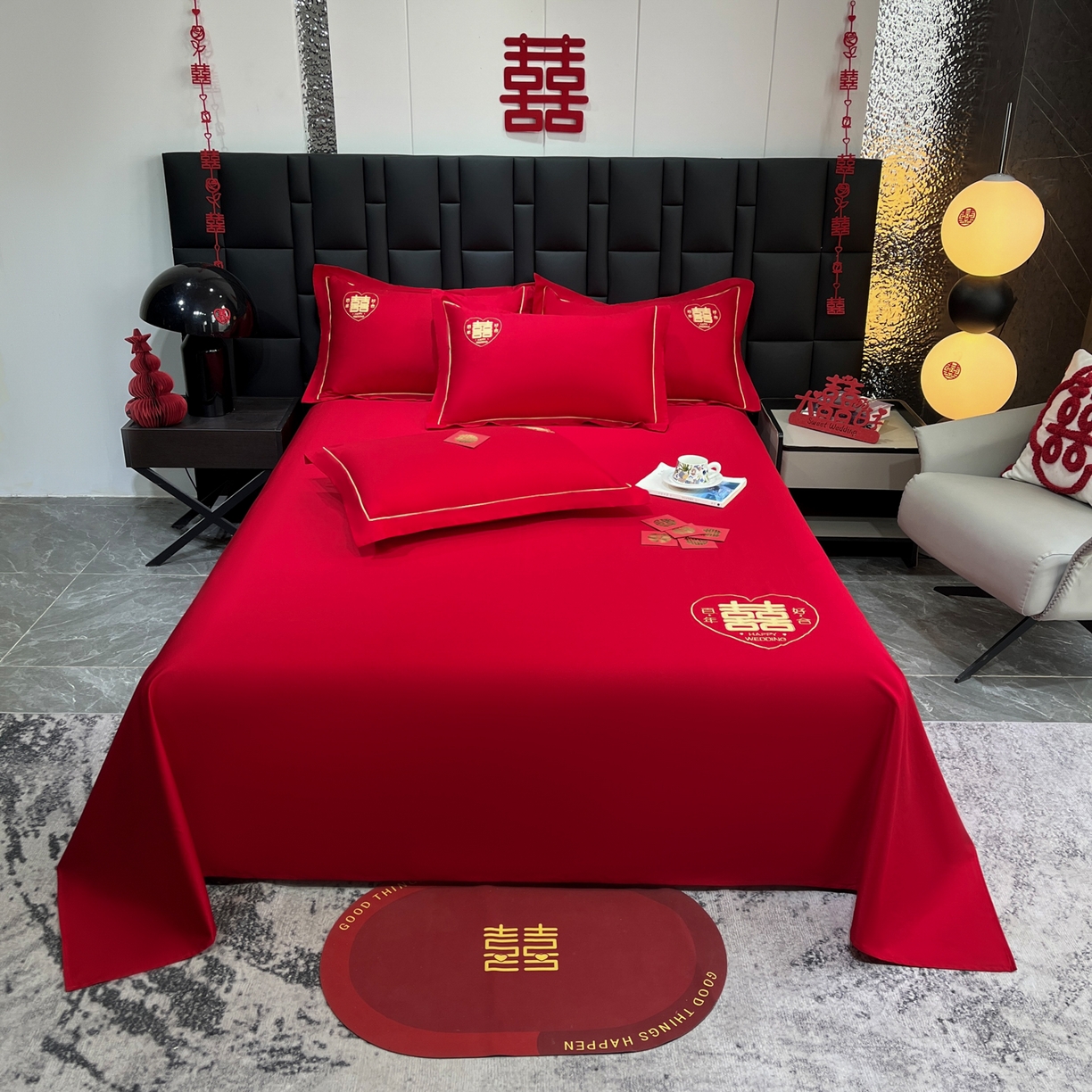 91家纺网 家纺一手货源 找家纺 极梦家纺 2025新款轻奢简约水洗磨毛婚庆系列单品床单大红床单 百年好合