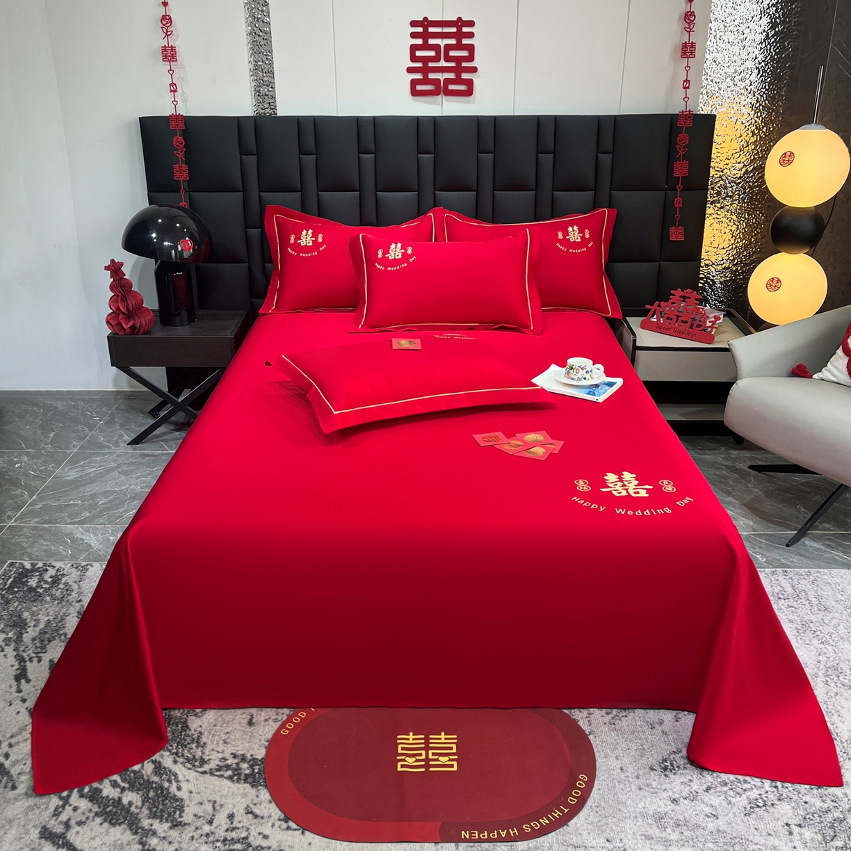 极梦家纺 2025新款轻奢简约水洗磨毛婚庆系列单品床单大红床单 喜结良缘