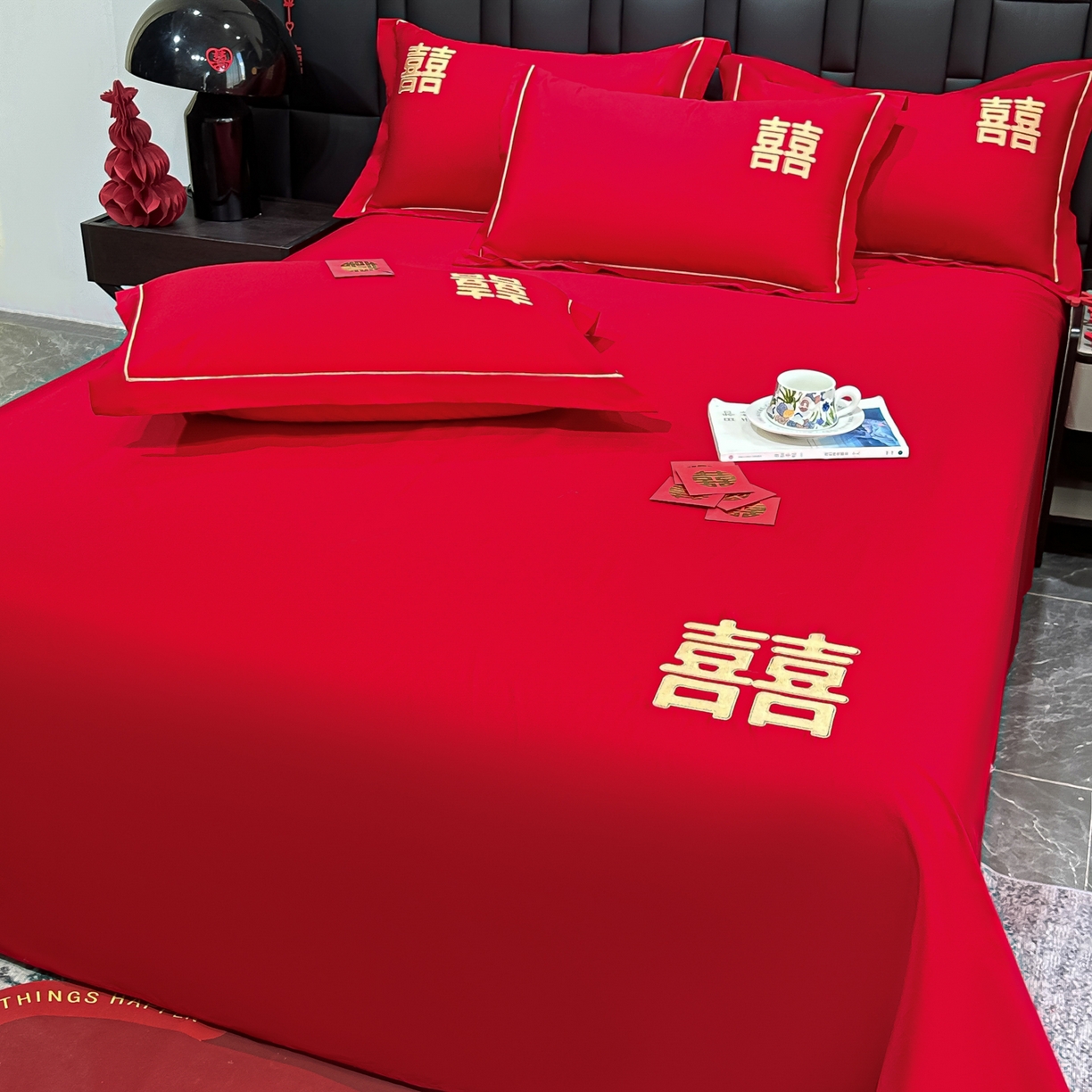 91家纺网 家纺一手货源 找家纺 极梦家纺 2025新款轻奢简约水洗磨毛婚庆系列单品床单大红床单 双喜临门