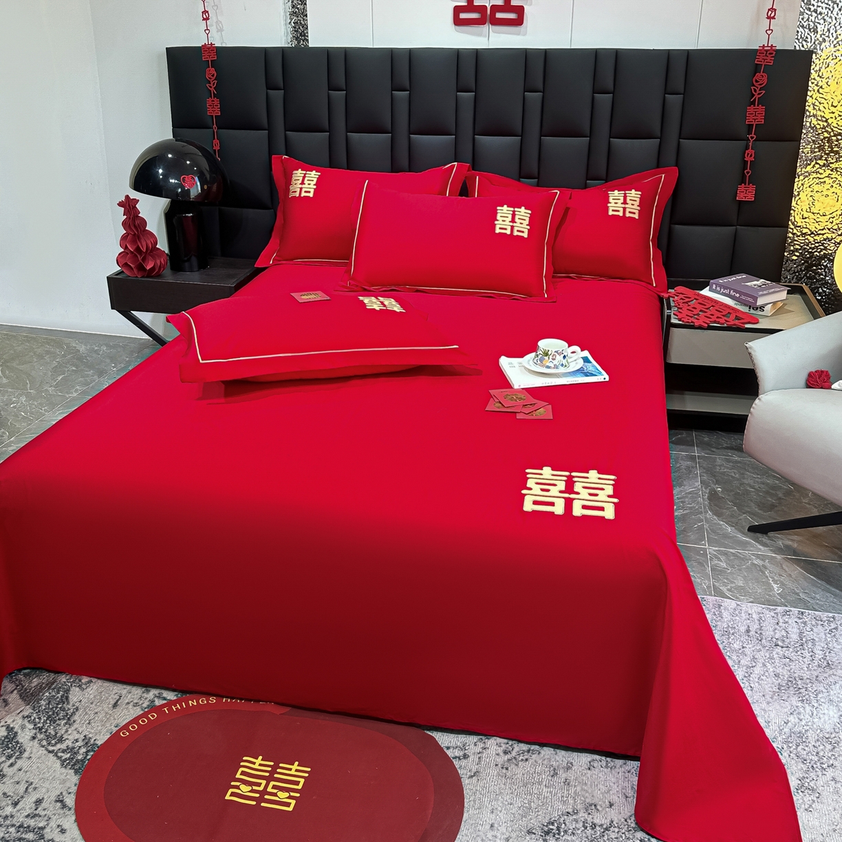 91家纺网 家纺一手货源 找家纺 极梦家纺 2025新款轻奢简约水洗磨毛婚庆系列单品床单大红床单 双喜临门