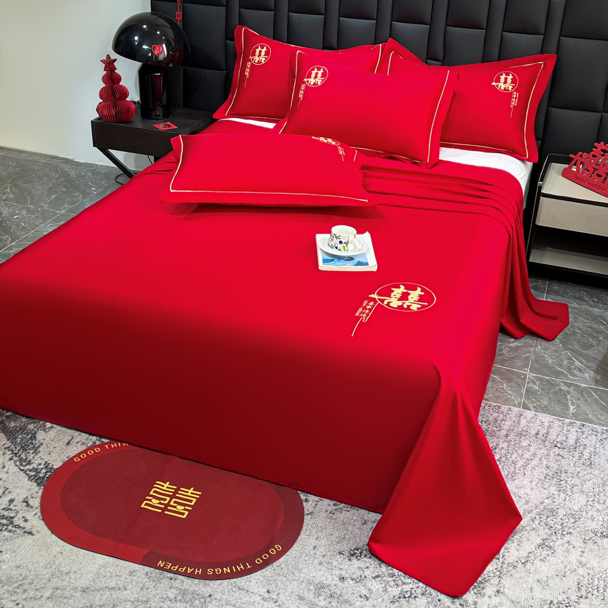 91家纺网 家纺一手货源 找家纺 极梦家纺 2025新款轻奢简约水洗磨毛婚庆系列单品床单大红床单 喜事连连