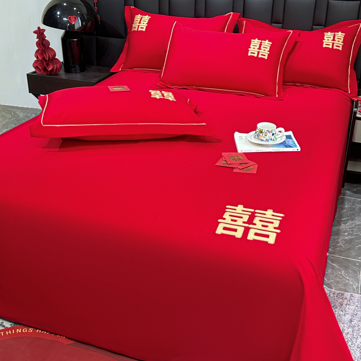 91家纺网 家纺一手货源 找家纺 极梦家纺 2025新款轻奢简约水洗磨毛婚庆系列单品床单大红床单 双喜临门