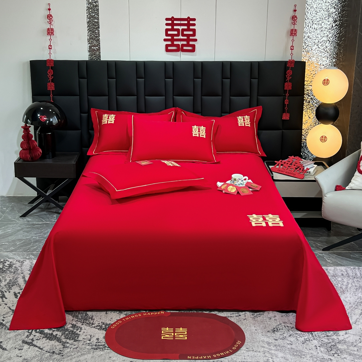 91家纺网 家纺一手货源 找家纺 极梦家纺 2025新款轻奢简约水洗磨毛婚庆系列单品床单大红床单 双喜临门