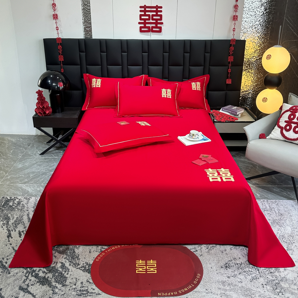 极梦家纺 2025新款轻奢简约水洗磨毛婚庆系列单品床单大红床单 双喜临门