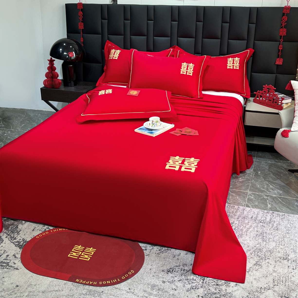 91家纺网 家纺一手货源 找家纺 极梦家纺 2025新款轻奢简约水洗磨毛婚庆系列单品床单大红床单 双喜临门