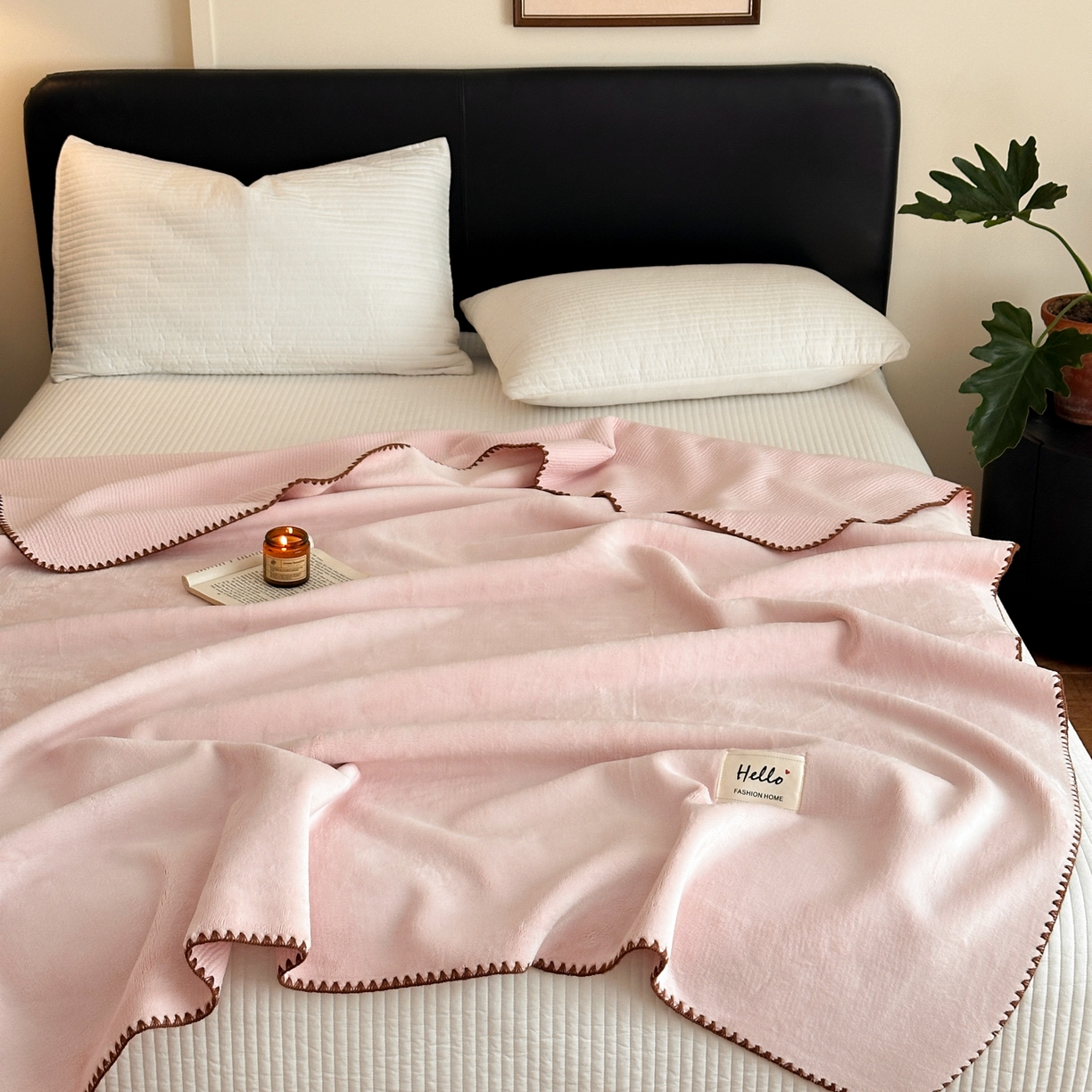 91家纺网 家纺一手货源 找家纺 淑女公社家纺 2025新款秋冬新款贝壳边牛奶棉多功能盖毯 如梦粉