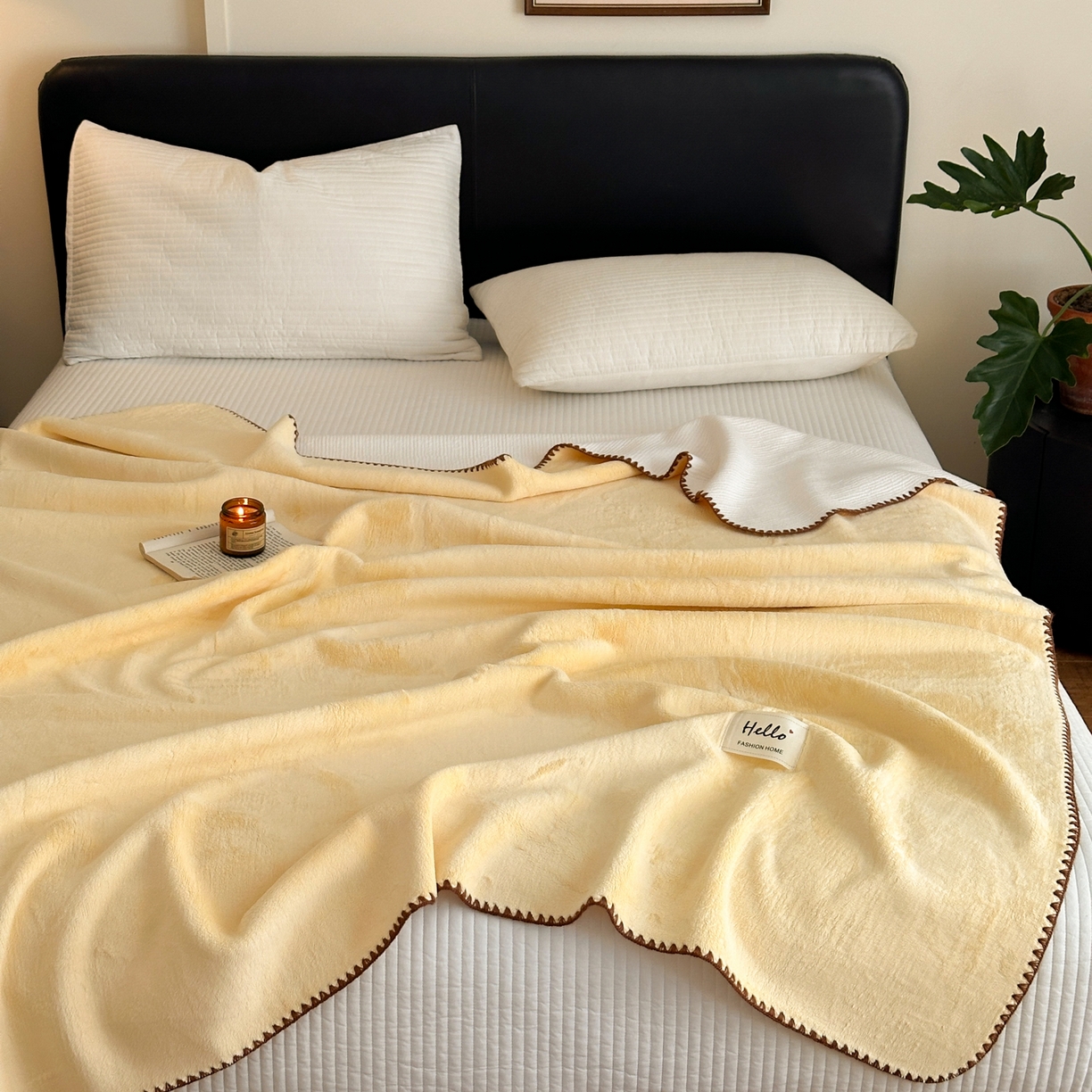 91家纺网 家纺一手货源 找家纺 淑女公社家纺 2025新款秋冬新款贝壳边牛奶棉多功能盖毯 泡芙黄