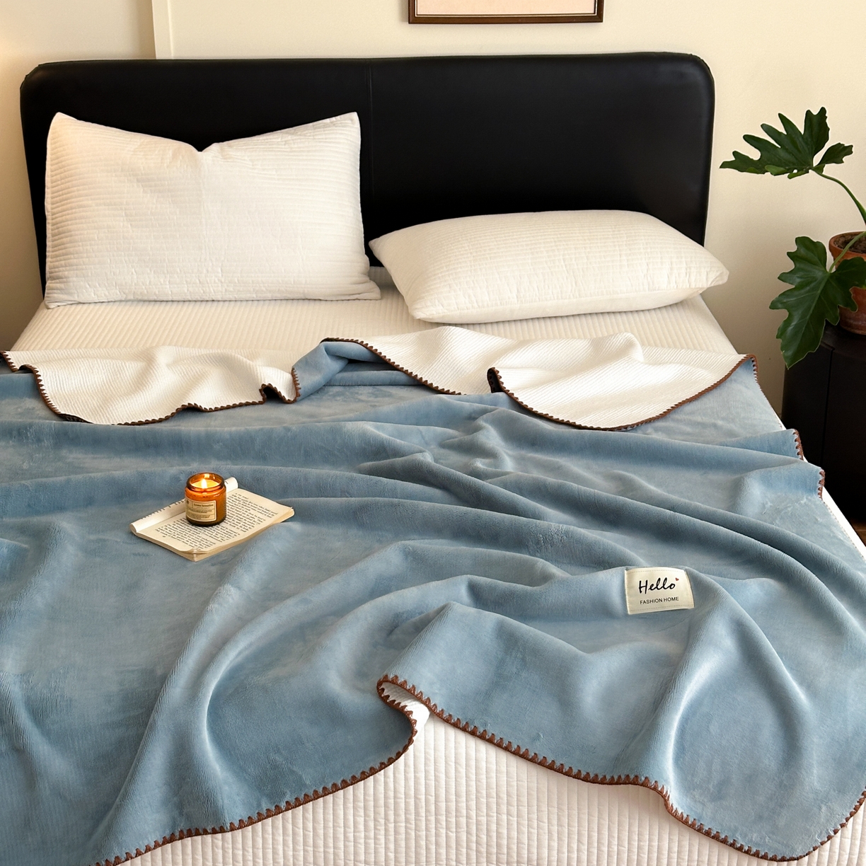 91家纺网 家纺一手货源 找家纺 淑女公社家纺 2025新款秋冬新款贝壳边牛奶棉多功能盖毯 冰川蓝