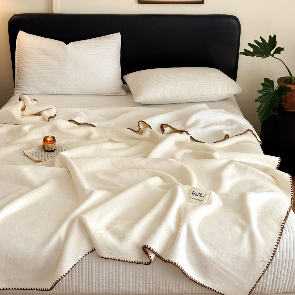 91家纺网 家纺一手货源 找家纺 淑女公社家纺 2025新款秋冬新款贝壳边牛奶棉多功能盖毯 奶白