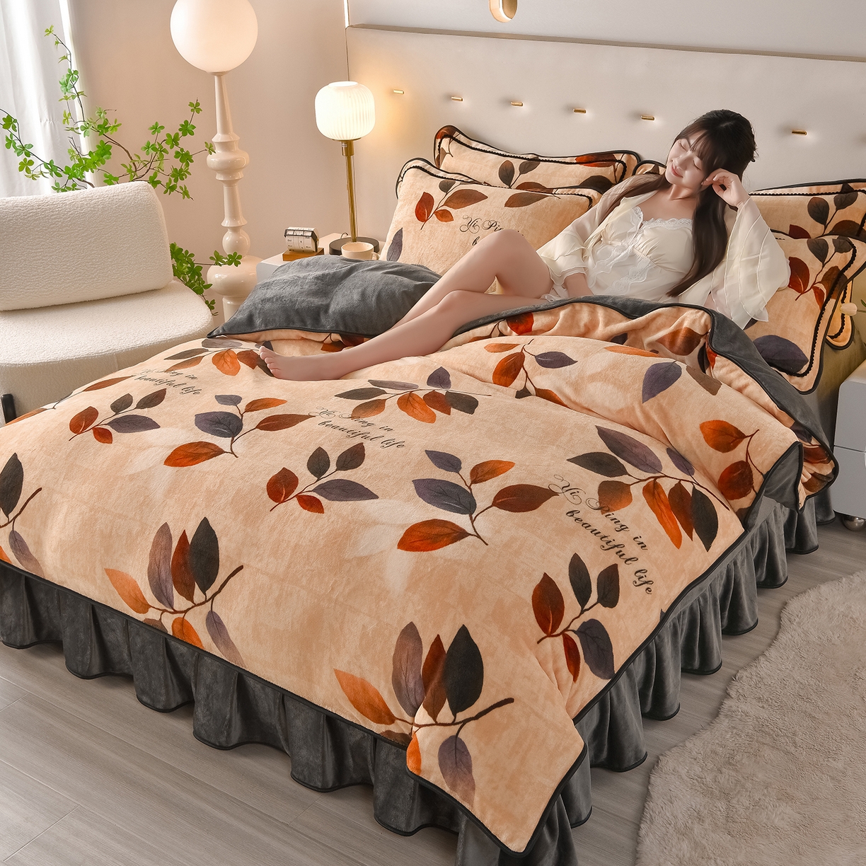 91家纺网 家纺一手货源 找家纺 亿品2025直播爆款9.5斤牛奶绒四件套加厚保暖床裙四件套 紫罗兰【咖】