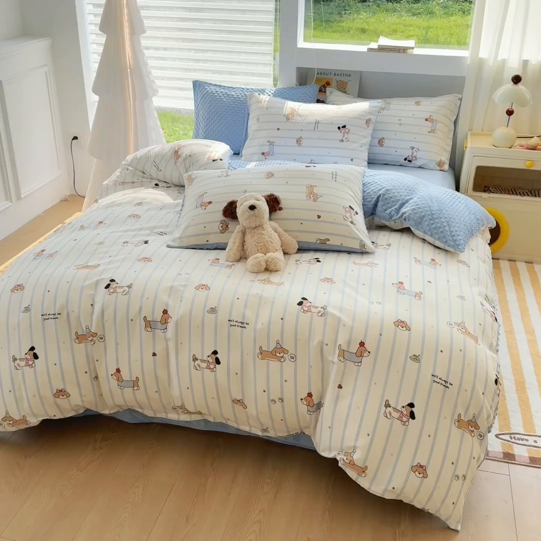 91家纺网 家纺一手货源 找家纺 （总）优迈 2025学生季全棉高克重豆豆绒三四件套加厚保暖婴儿绒牛奶绒单被套单人双人被套加大号棉加绒三四件套