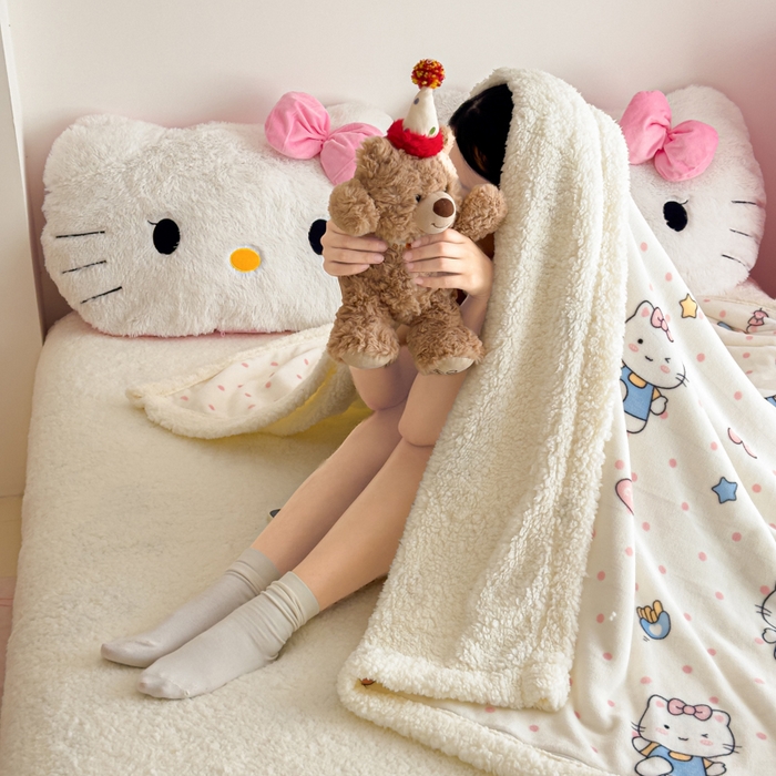 91家纺网 家纺一手货源 找家纺 艾特你 2025新款ins羊羔绒牛奶绒可被套休闲毯单被套-毯子图 爱心猫咪