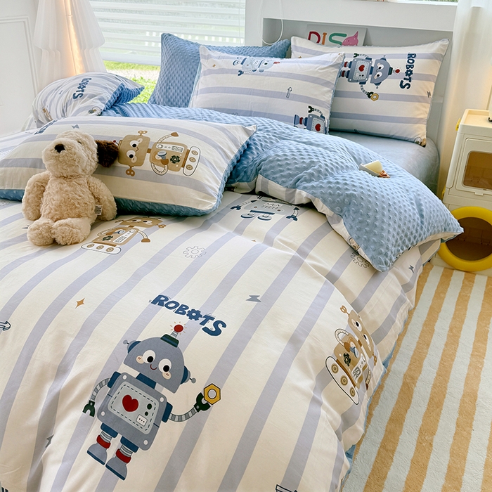 91家纺网 家纺一手货源 找家纺 优迈 2025学生季全棉高克重豆豆绒三四件套加厚保暖婴儿绒牛奶绒单被套单人双人被套加大号棉加绒三四件套 机器人