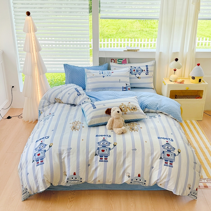 91家纺网 家纺一手货源 找家纺 优迈 2025学生季全棉高克重豆豆绒三四件套加厚保暖婴儿绒牛奶绒单被套单人双人被套加大号棉加绒三四件套 机器人