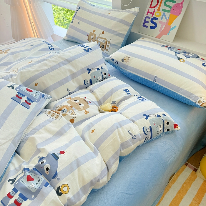 91家纺网 家纺一手货源 找家纺 优迈 2025学生季全棉高克重豆豆绒三四件套加厚保暖婴儿绒牛奶绒单被套单人双人被套加大号棉加绒三四件套 机器人