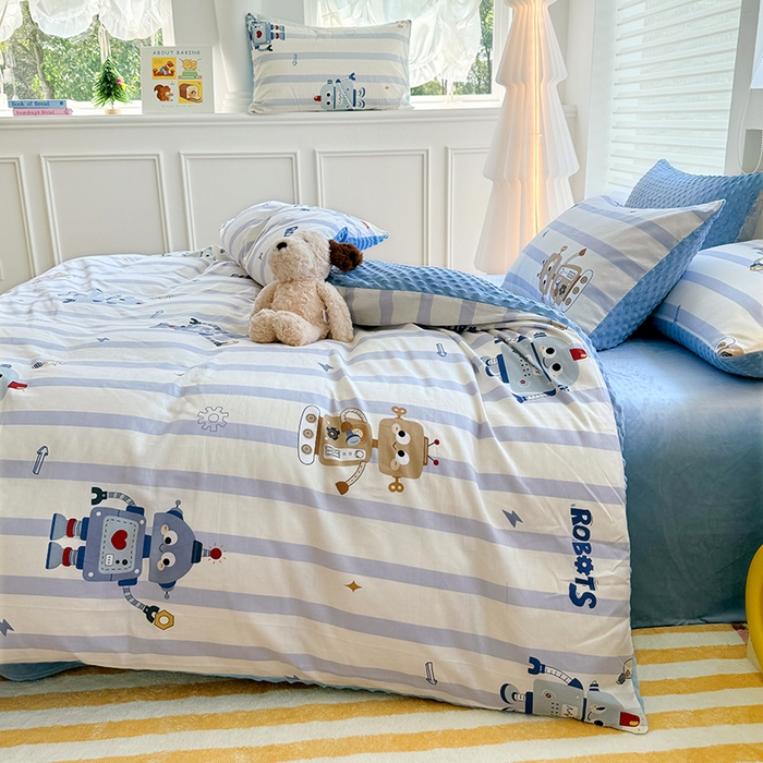 91家纺网 家纺一手货源 找家纺 优迈 2025学生季全棉高克重豆豆绒三四件套加厚保暖婴儿绒牛奶绒单被套单人双人被套加大号棉加绒三四件套 机器人