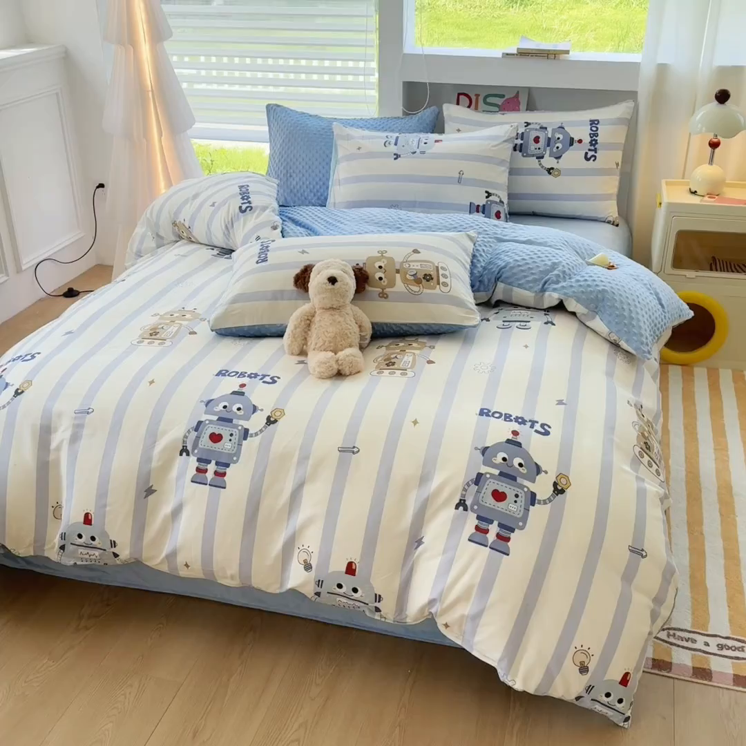 91家纺网 家纺一手货源 找家纺 优迈 2025学生季全棉高克重豆豆绒三四件套加厚保暖婴儿绒牛奶绒单被套单人双人被套加大号棉加绒三四件套 机器人