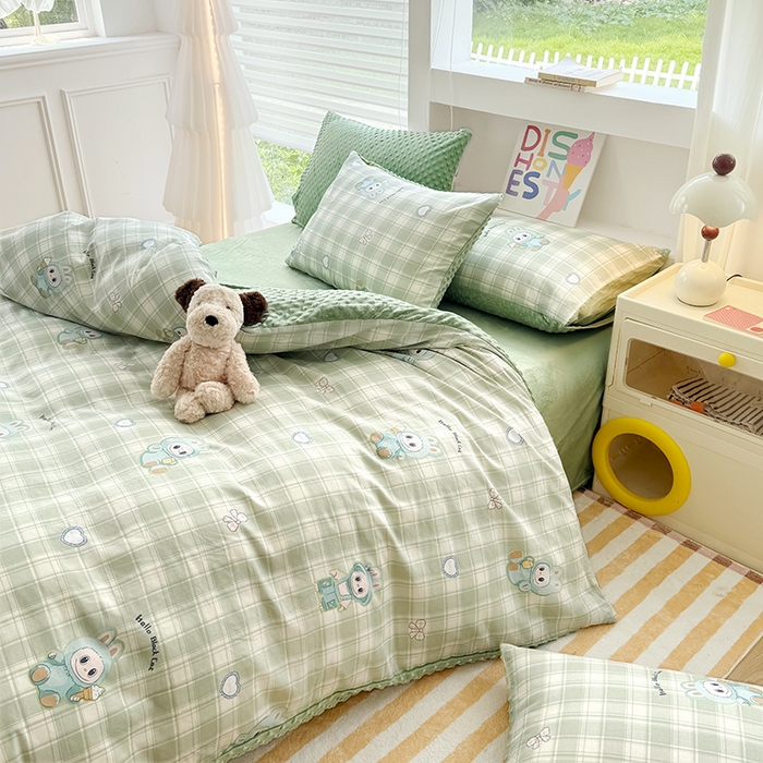 91家纺网 家纺一手货源 找家纺 优迈 2025学生季全棉高克重豆豆绒三四件套加厚保暖婴儿绒牛奶绒单被套单人双人被套加大号棉加绒三四件套 拉嘟嘟