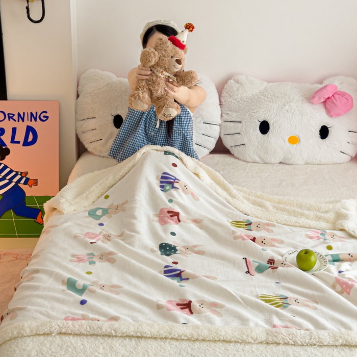 91家纺网 家纺一手货源 找家纺 艾特你 2025新款ins羊羔绒牛奶绒可被套休闲毯单被套-毯子图 花间兔