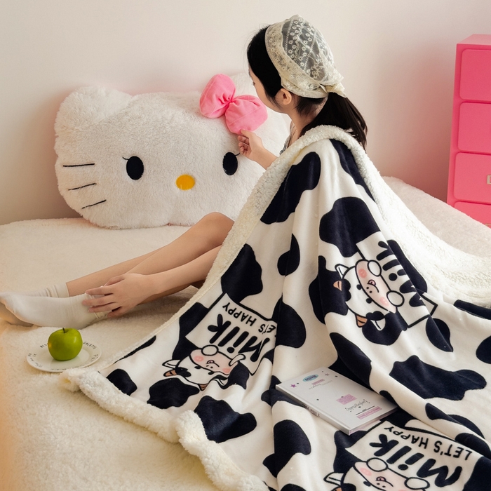 91家纺网 家纺一手货源 找家纺 艾特你 2025新款ins羊羔绒牛奶绒可被套休闲毯单被套-毯子图 奶牛