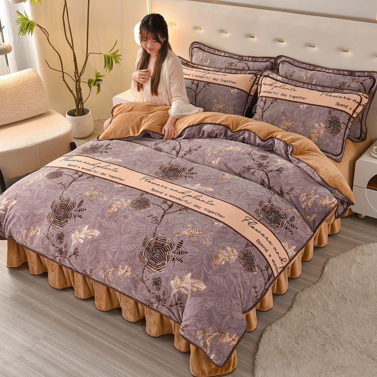 91家纺网 家纺一手货源 找家纺 亿品2025直播爆款9.5斤牛奶绒四件套加厚保暖床裙四件套 花仙子【紫灰】