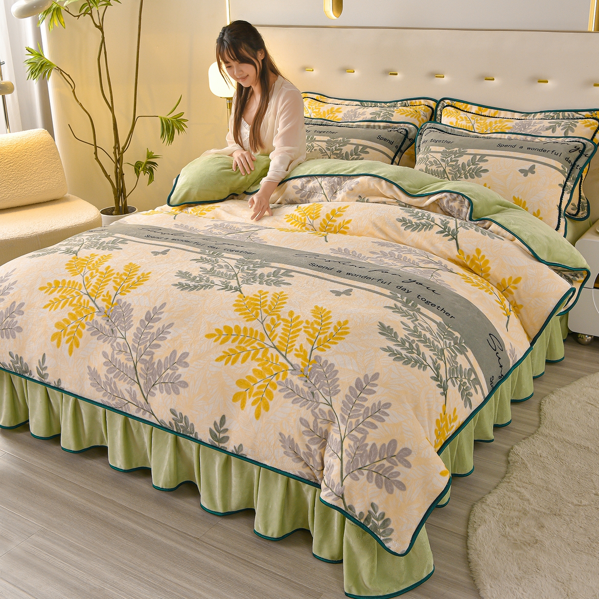 91家纺网 家纺一手货源 找家纺 亿品2025直播爆款9.5斤牛奶绒四件套加厚保暖床裙四件套 兰亭序