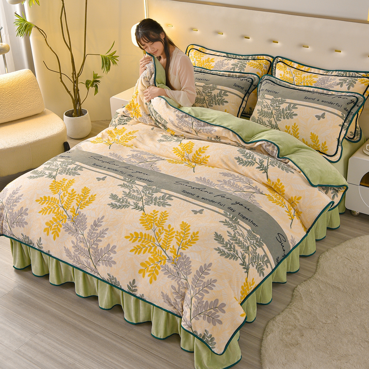 91家纺网 家纺一手货源 找家纺 亿品2025直播爆款9.5斤牛奶绒四件套加厚保暖床裙四件套 兰亭序