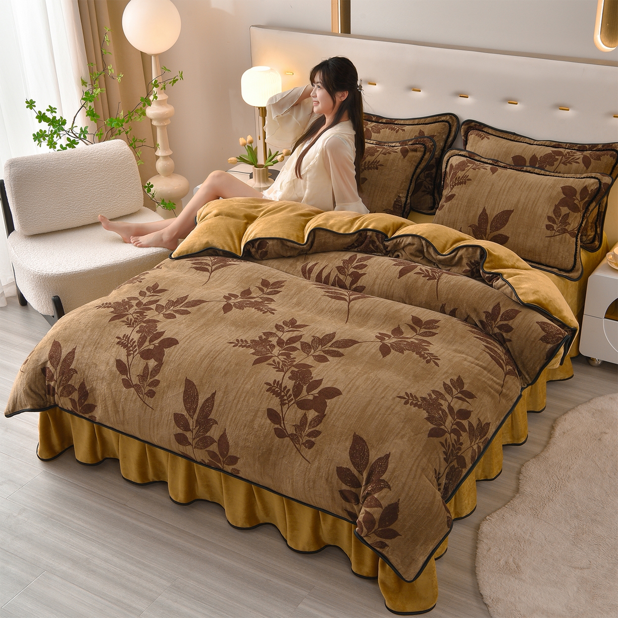 91家纺网 家纺一手货源 找家纺 亿品2025直播爆款9.5斤牛奶绒四件套加厚保暖床裙四件套 秋恋