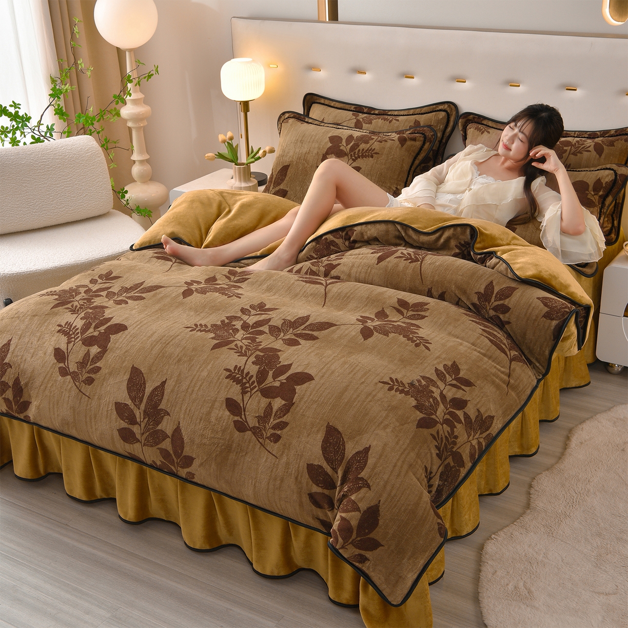 亿品2025直播爆款9.5斤牛奶绒四件套加厚保暖床裙四件套 秋恋