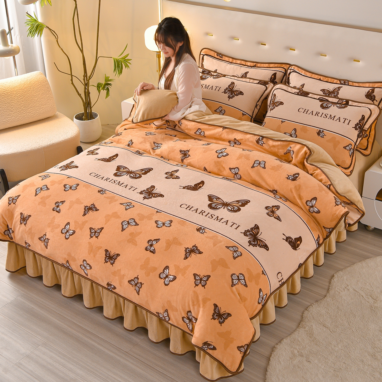 91家纺网 家纺一手货源 找家纺 亿品2025直播爆款9.5斤牛奶绒四件套加厚保暖床裙四件套 羽蝶