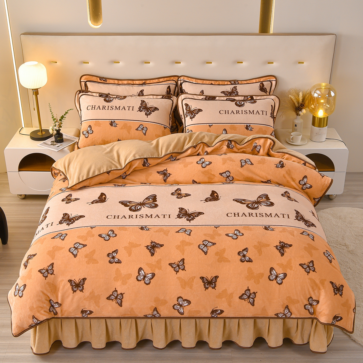 91家纺网 家纺一手货源 找家纺 亿品2025直播爆款9.5斤牛奶绒四件套加厚保暖床裙四件套 羽蝶