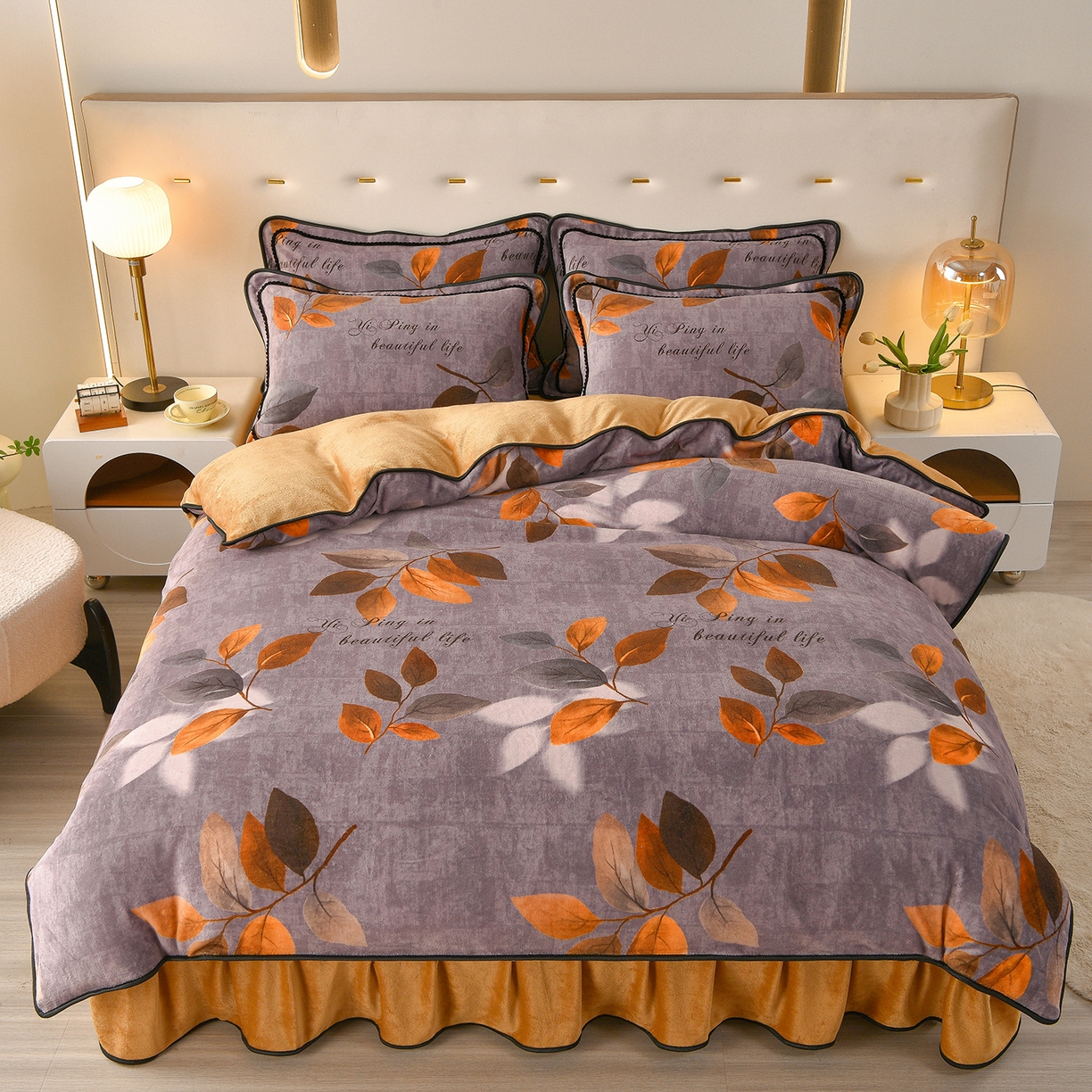 91家纺网 家纺一手货源 找家纺 亿品2025直播爆款9.5斤牛奶绒四件套加厚保暖床裙四件套 紫罗兰