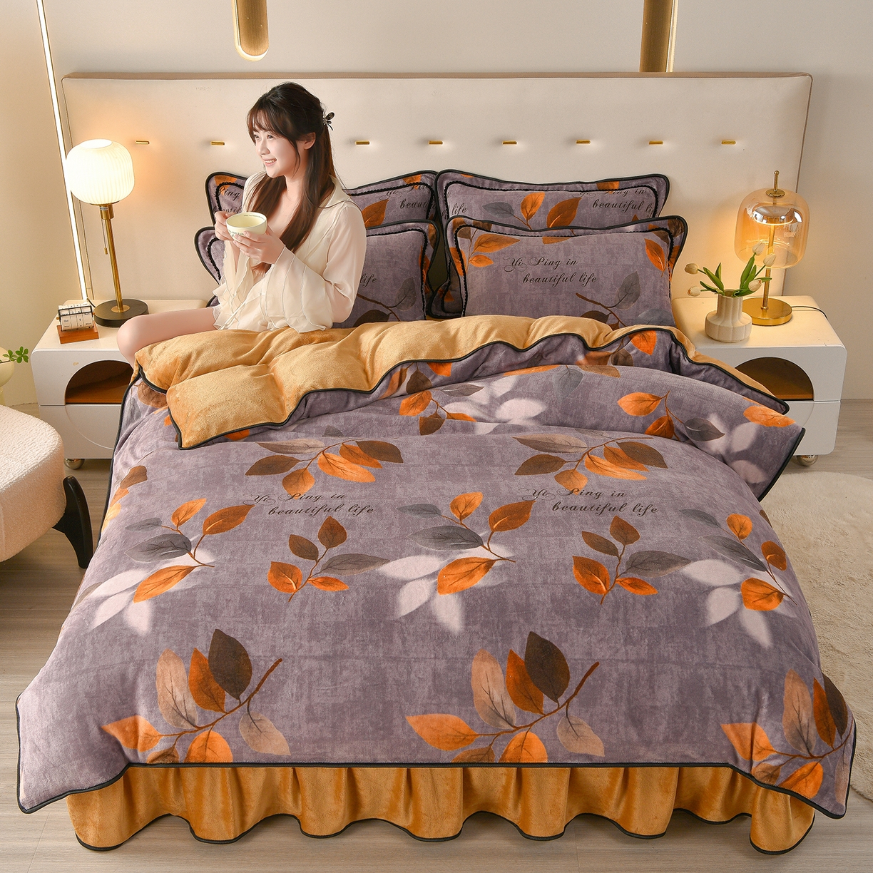 91家纺网 家纺一手货源 找家纺 亿品2025直播爆款9.5斤牛奶绒四件套加厚保暖床裙四件套 紫罗兰