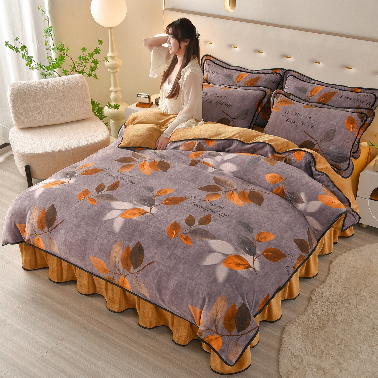 91家纺网 家纺一手货源 找家纺 亿品2025直播爆款9.5斤牛奶绒四件套加厚保暖床裙四件套 紫罗兰