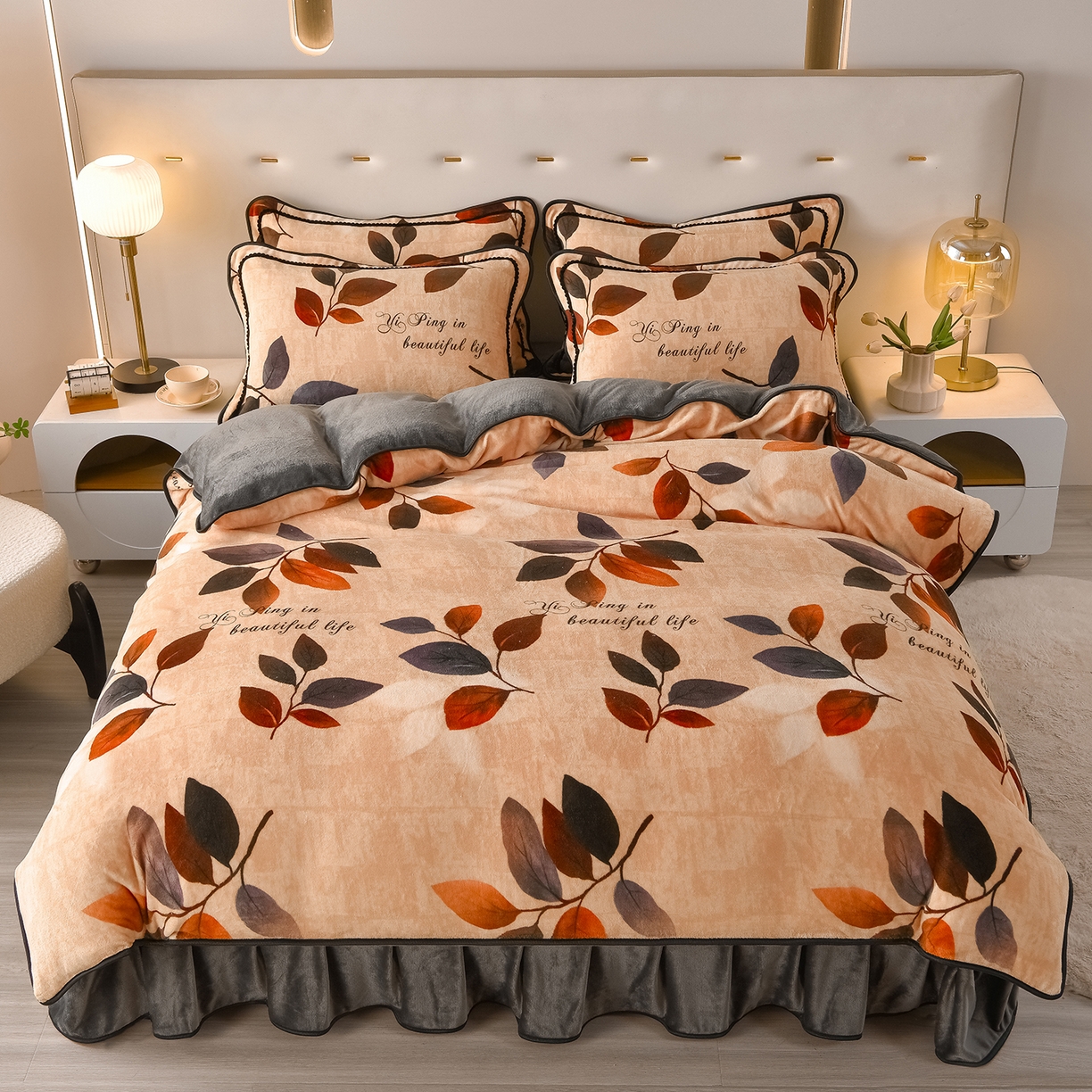 91家纺网 家纺一手货源 找家纺 亿品2025直播爆款9.5斤牛奶绒四件套加厚保暖床裙四件套 紫罗兰【咖】