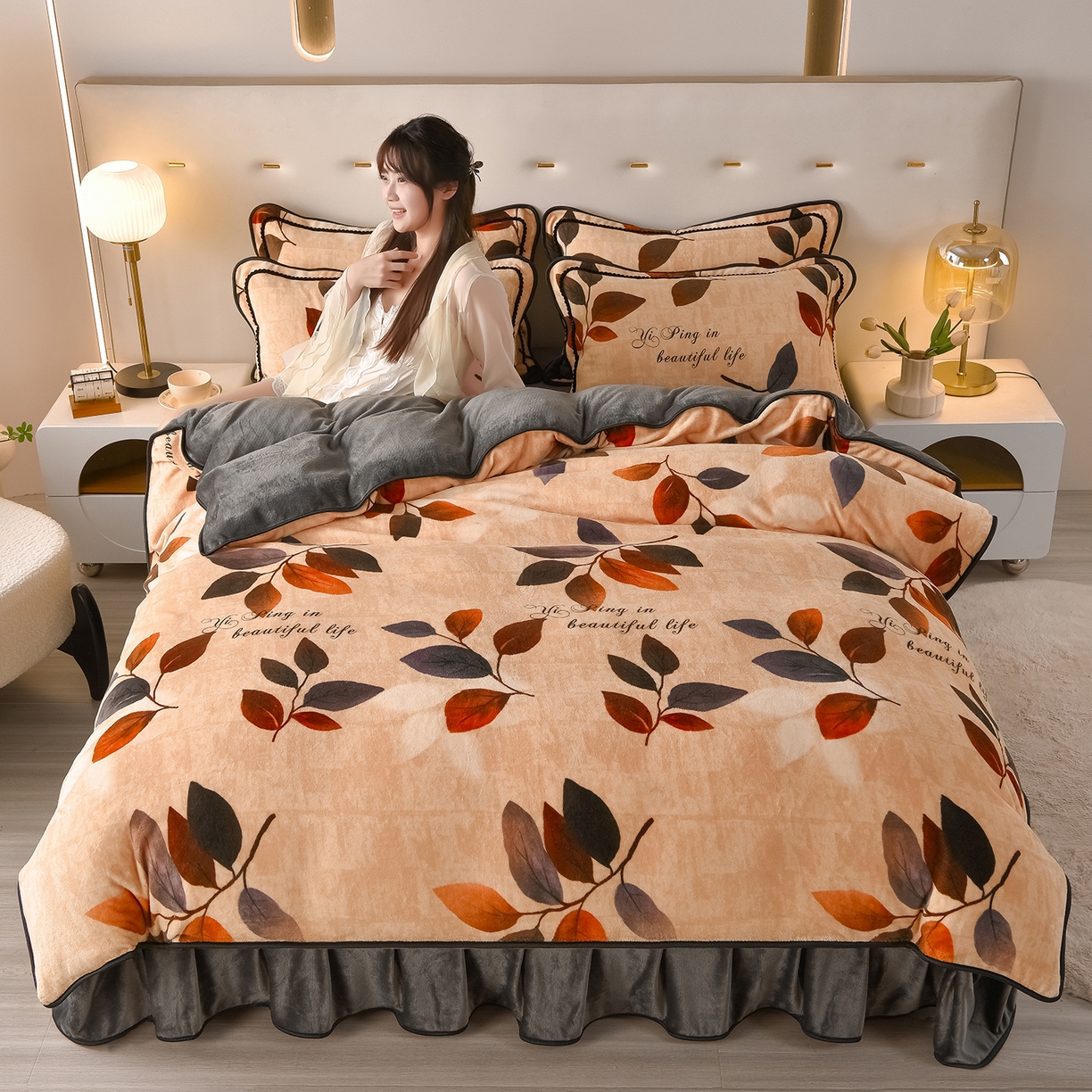 91家纺网 家纺一手货源 找家纺 亿品2025直播爆款9.5斤牛奶绒四件套加厚保暖床裙四件套 紫罗兰【咖】