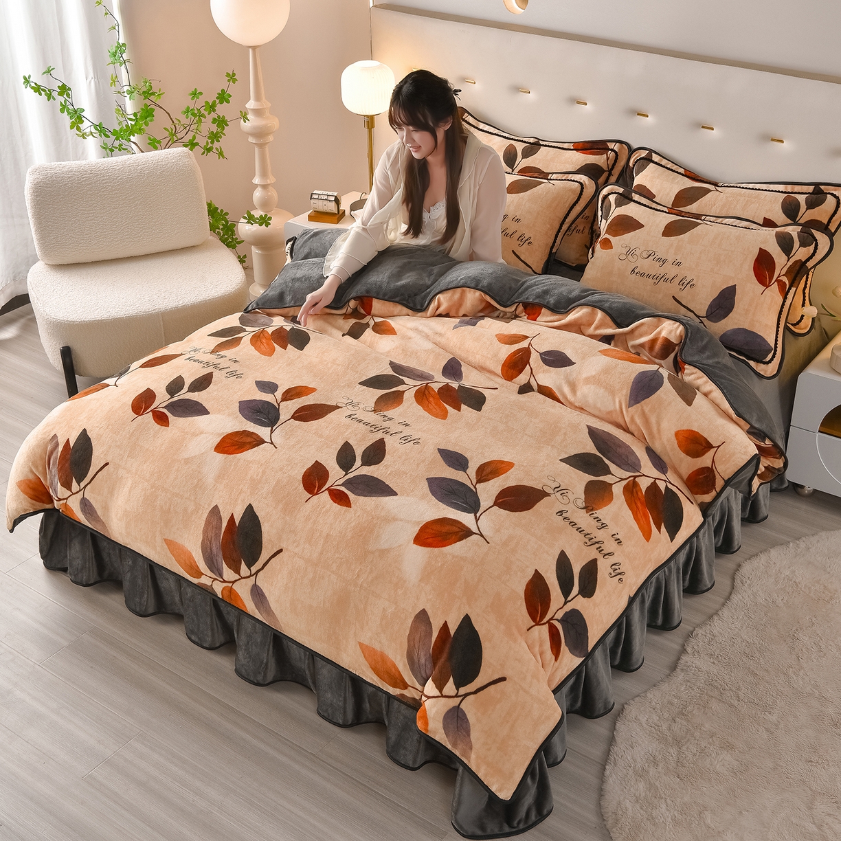 91家纺网 家纺一手货源 找家纺 亿品2025直播爆款9.5斤牛奶绒四件套加厚保暖床裙四件套 紫罗兰【咖】