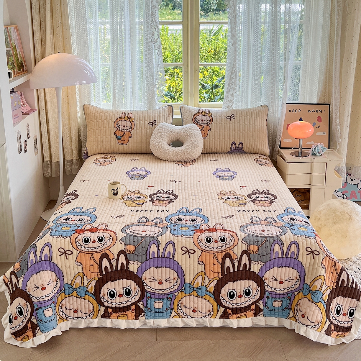 91家纺网 家纺一手货源 找家纺 （总）默忆 2025新款牛奶绒夹棉花边韩版印花床盖三件套加厚保暖多功能单床盖