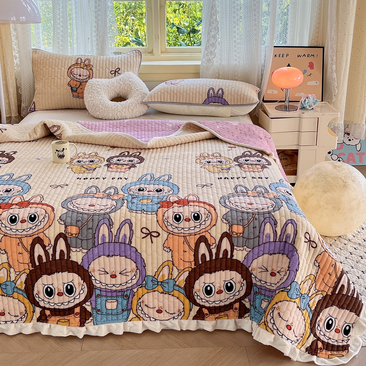 91家纺网 家纺一手货源 找家纺 默忆 2025新款牛奶绒夹棉花边韩版印花床盖三件套加厚保暖多功能单床盖 拉布布