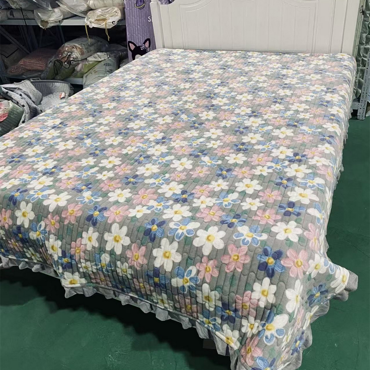 91家纺网 家纺一手货源 找家纺 默忆 2025新款牛奶绒夹棉花边韩版印花床盖三件套加厚保暖多功能单床盖 美丽花园