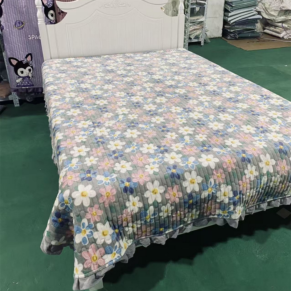 91家纺网 家纺一手货源 找家纺 默忆 2025新款牛奶绒夹棉花边韩版印花床盖三件套加厚保暖多功能单床盖 美丽花园