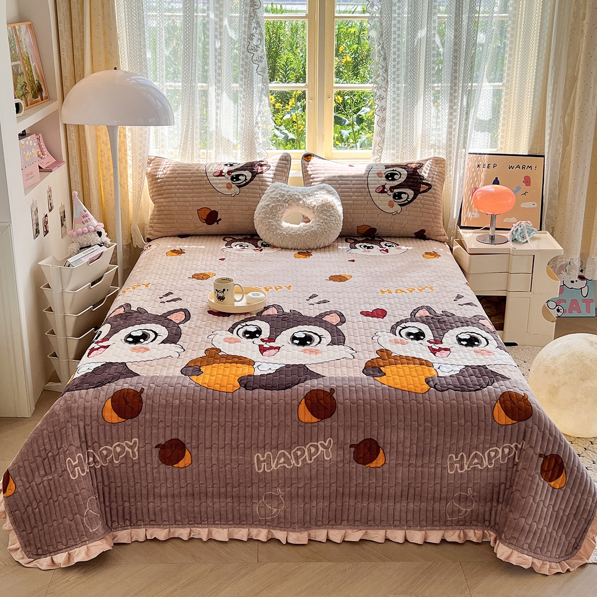 默忆 2025新款牛奶绒夹棉花边韩版印花床盖三件套加厚保暖多功能单床盖 松鼠乐园