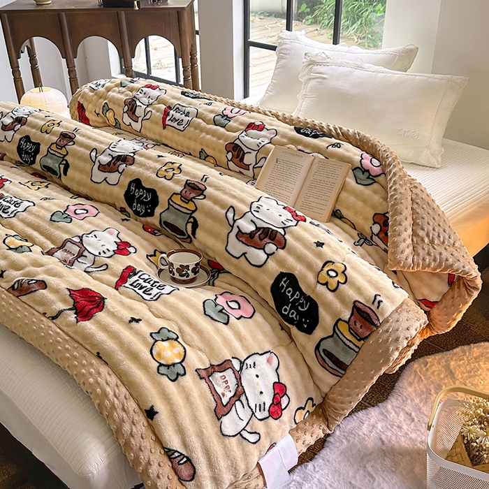 91家纺网 家纺一手货源 找家纺 优迈 2025直播热款A+兔兔绒豆豆被三层夹棉加厚毛毯毯子牛奶绒冬被泡泡兔毛绒保暖被子被芯 糖果凯特