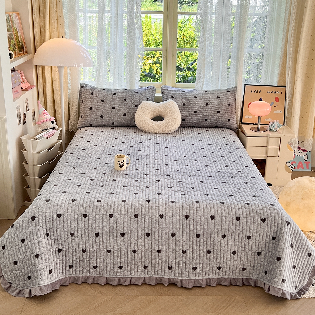 默忆 2025新款牛奶绒夹棉花边韩版印花床盖三件套加厚保暖多功能单床盖 心心相印